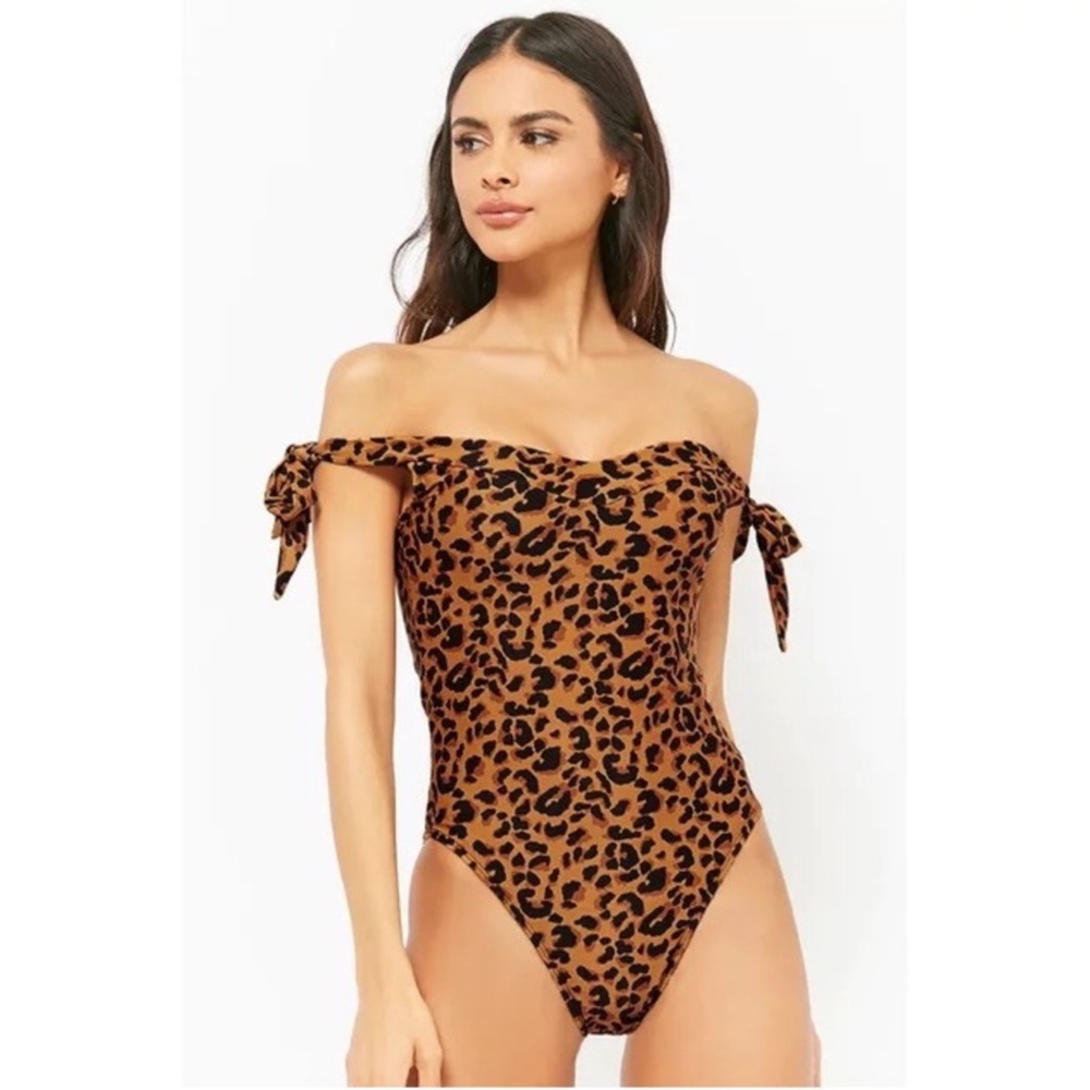 Motel Rocks Leopard Print Off the Shoulder One Piece Swimsuit Brown Size M NWT